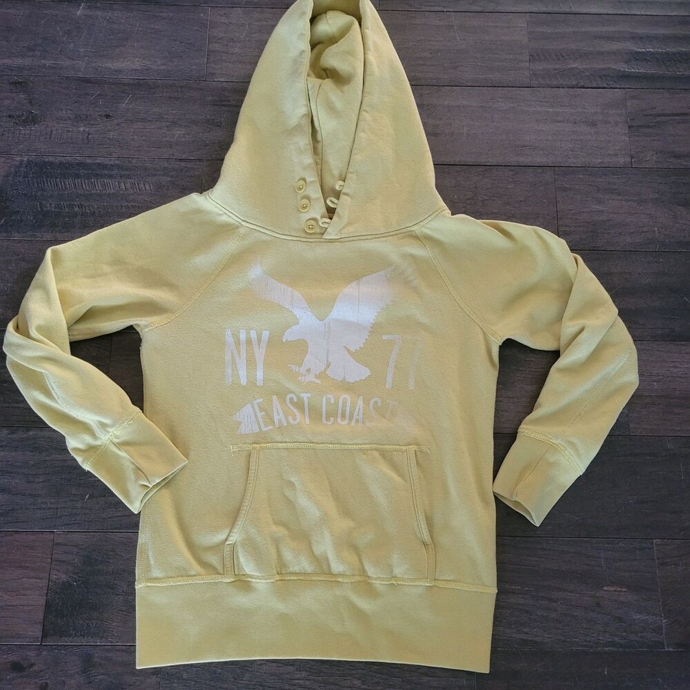 American Eagle Hoodie Women Small Yellow Pullover Sweatshirt Button Neck